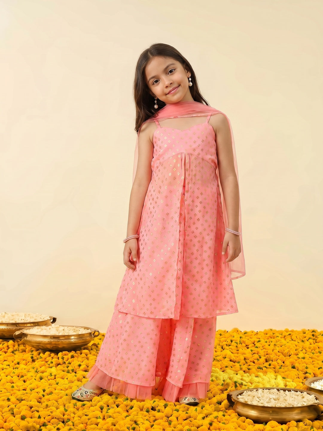 Nautinati Girls' Georgette Blend Ready-to-wear All-over Gold Toned Foil Print Lehenga & Blouse with Net Dupatta