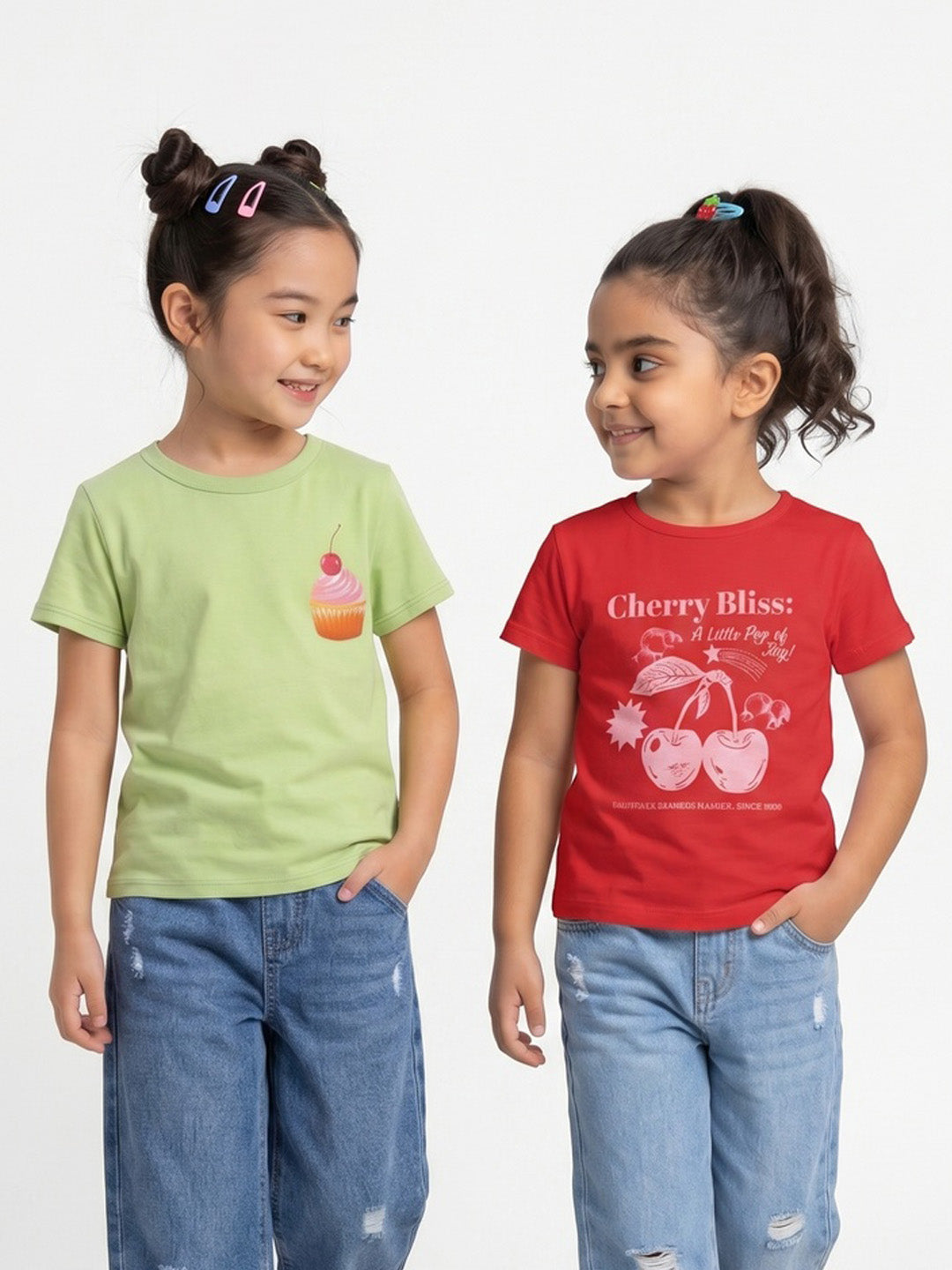 Nautinati Girls' Cotton Cherry and Cupcake Printed T-shirts Pack of 2