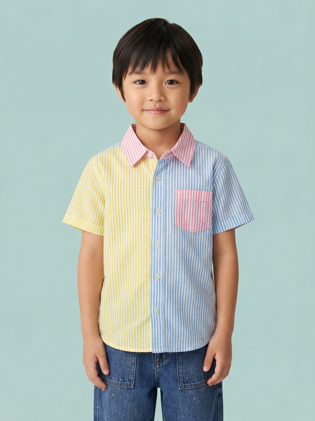 Nautinati Boys' 100% Cotton Multicolour Colourblocked Striped Shirt