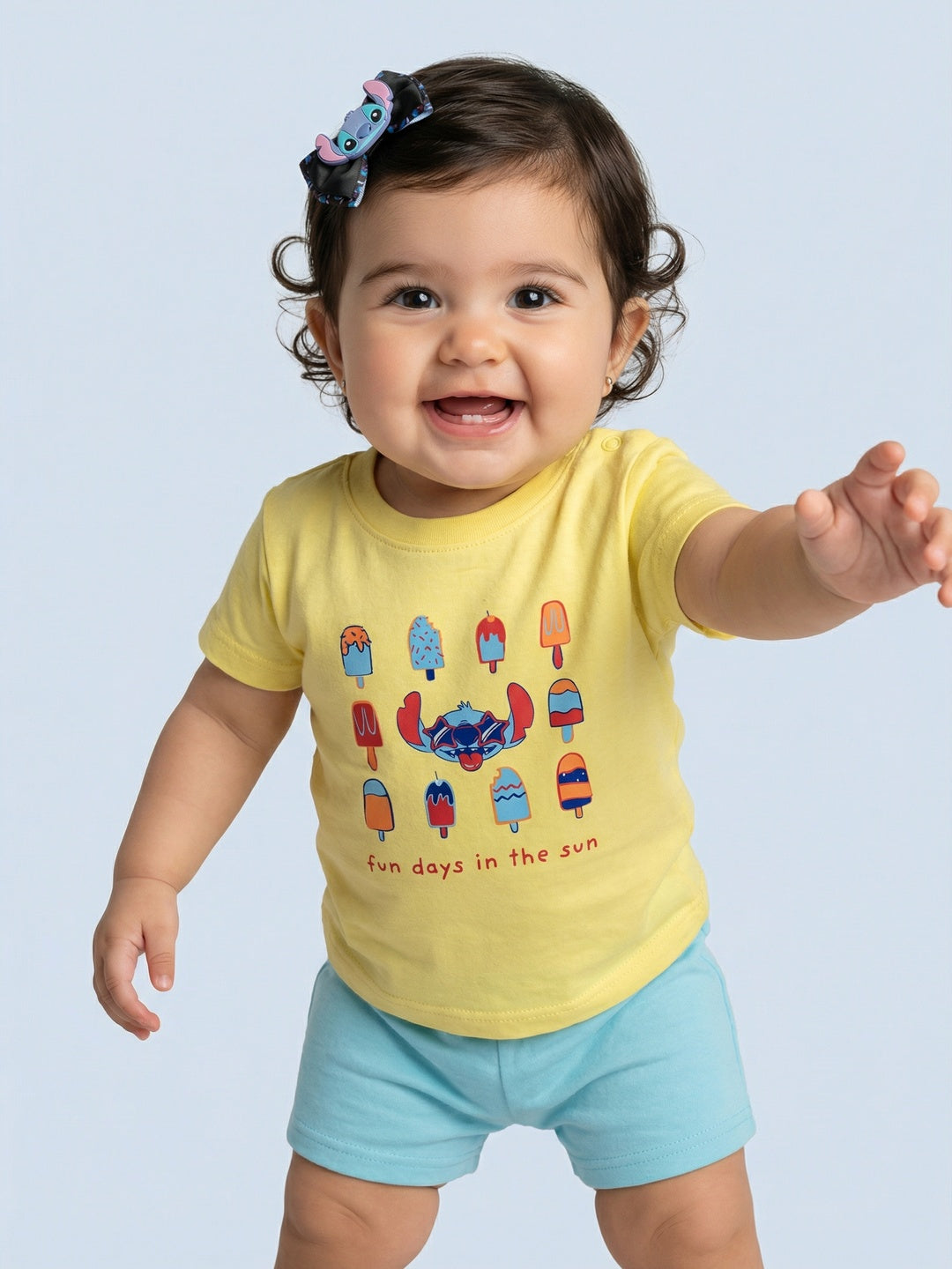 Nautinati Baby Girls Lilo & Stitch Printed Regular Fit T-shirt and Shorts Clothing Set