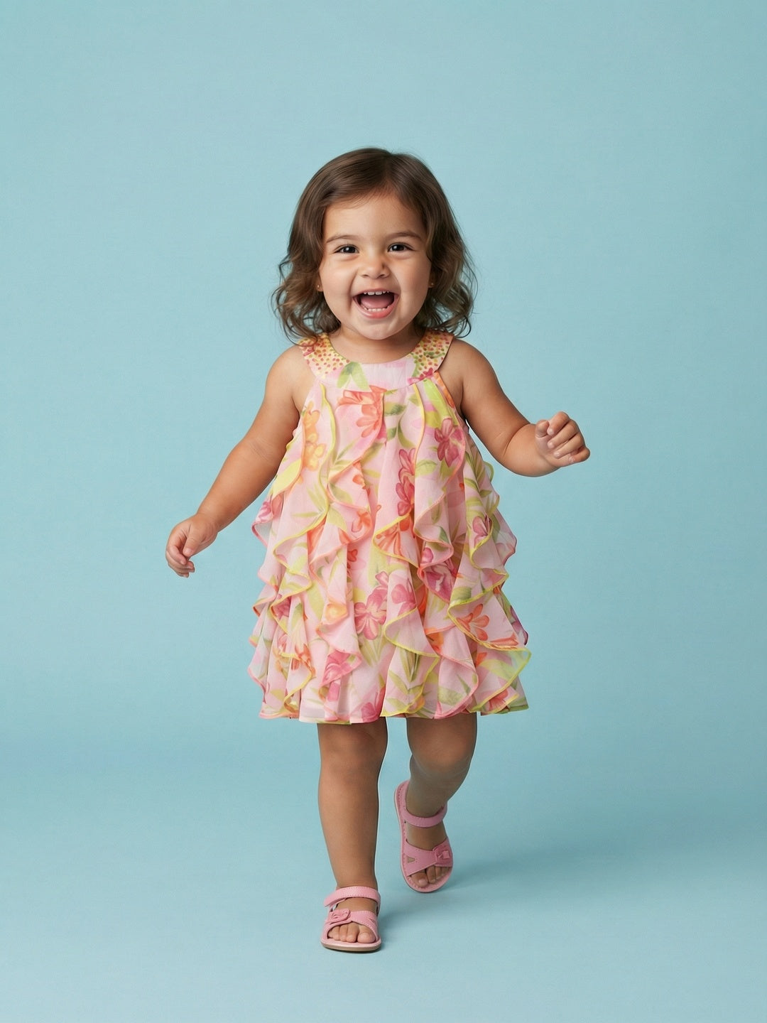 Nautinati Girls' Georgette All-over Floral Print Ruffle A-line Dress with Multicolour Sequins on Neck