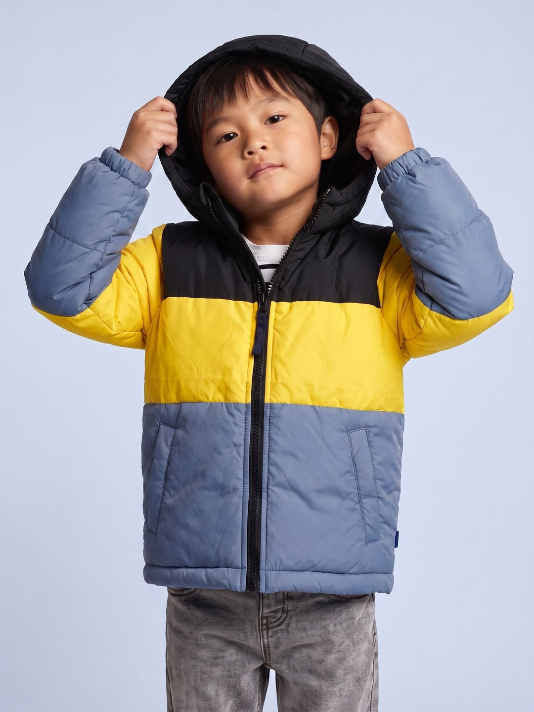 Nautinati Boys Hooded Colourblock Puffer Jacket with Front Zip, Regular Fit