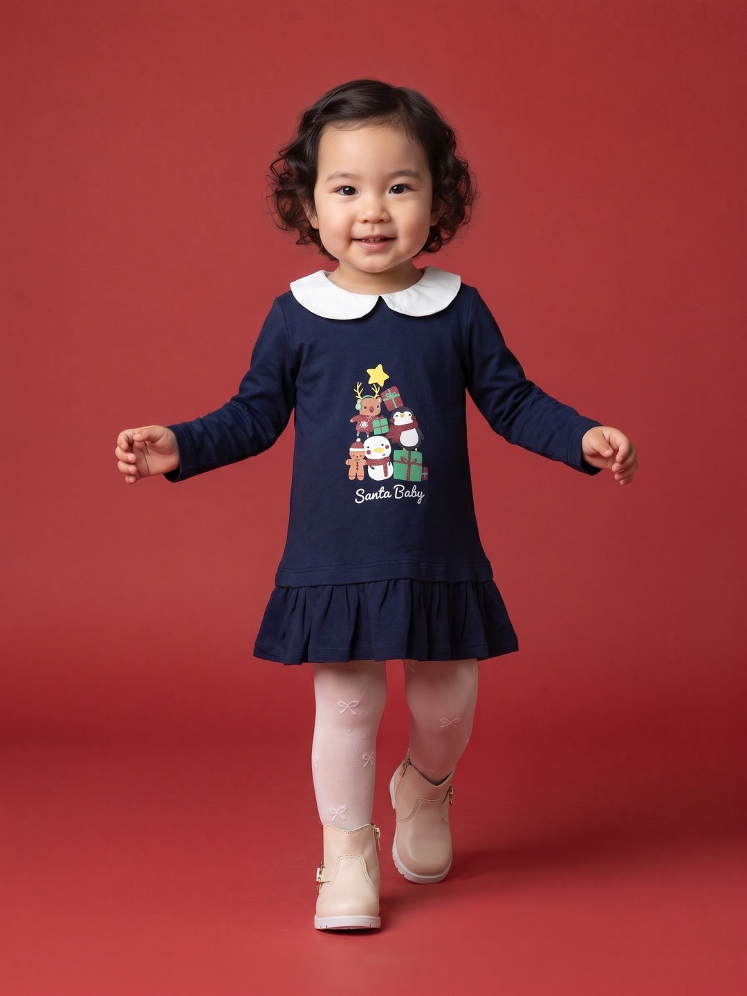 Nautinati Baby Girls Santa Christmas Sweatshirt Dress with Peter Pan Collar