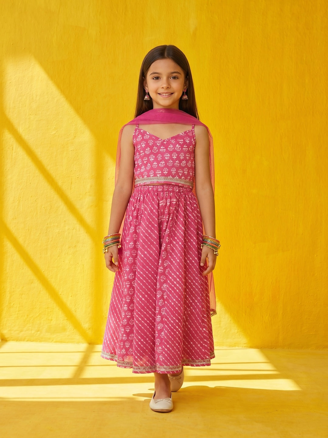 Nautinati Girls' 100% Cotton All-over Bandhani Print Lehenga Choli Set with Net Dupatta