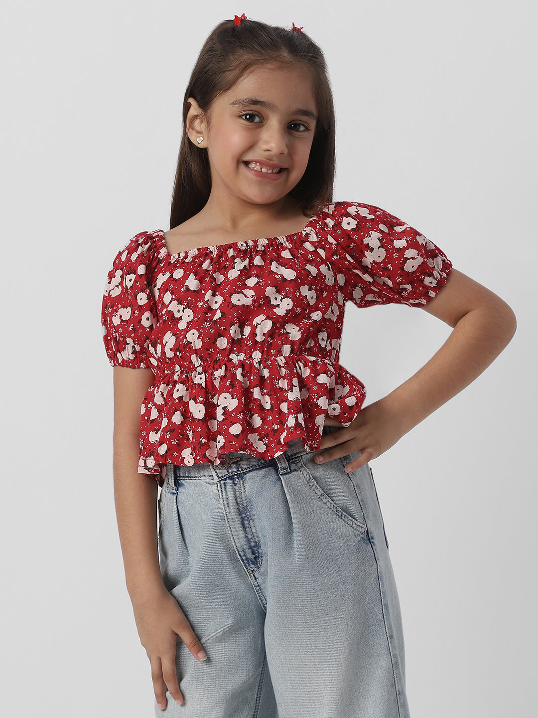 Nautinati Girls Floral Print Puff Sleeve Fit and Flare Top