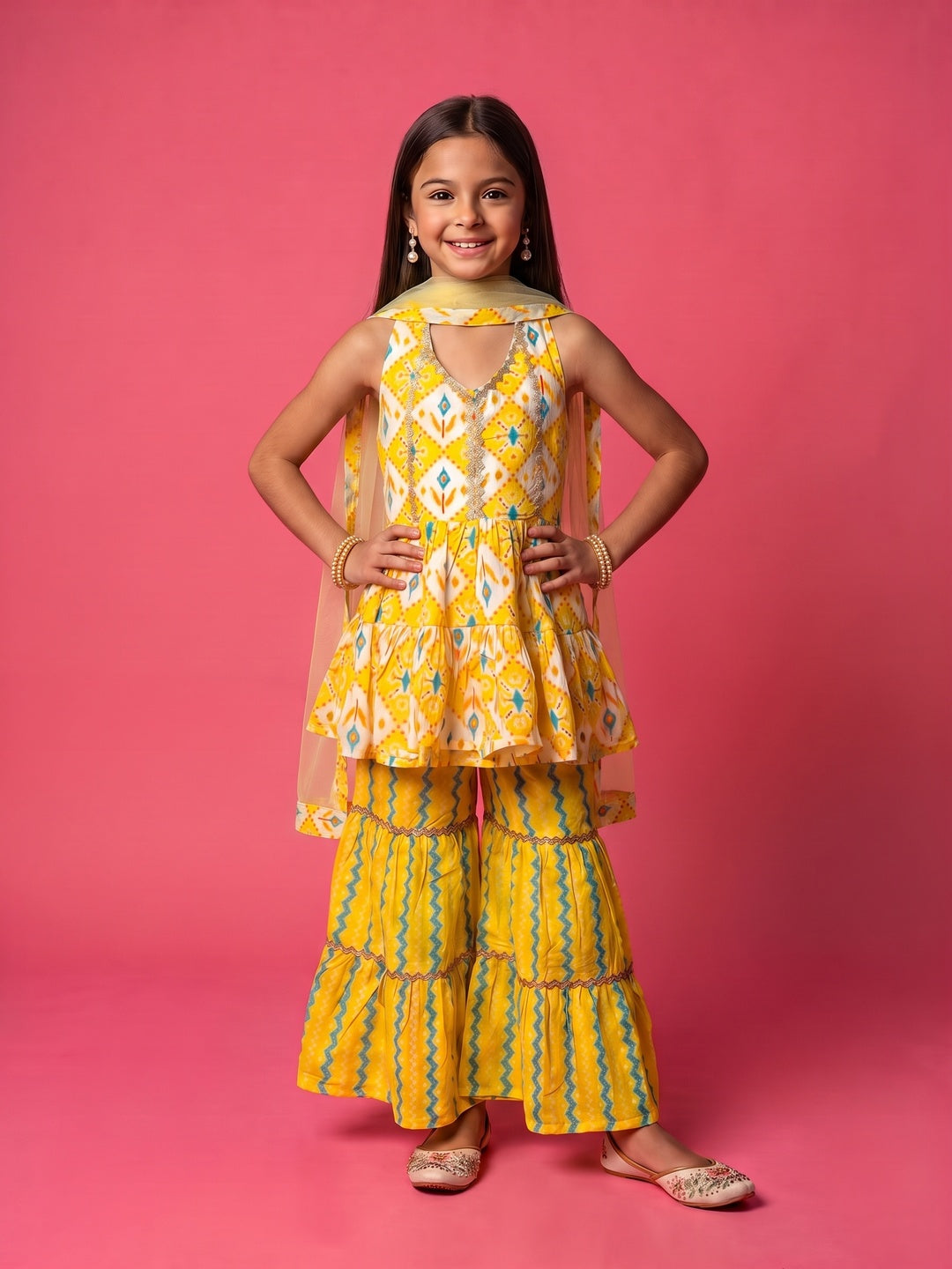 Nautinati Girls' 100% Cotton All-over Print Ikat Print Kurti with Wavy-striped Sharara & Net Dupatta