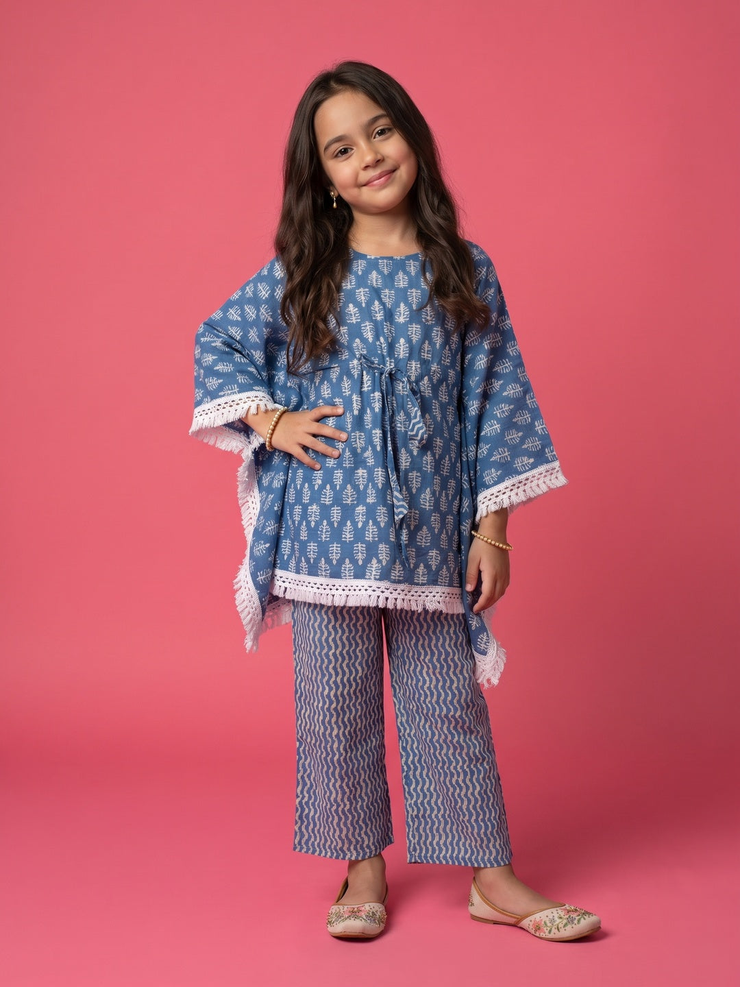 Nautinati Girl's Block Printed Blue Kaftaan Ethnic Set