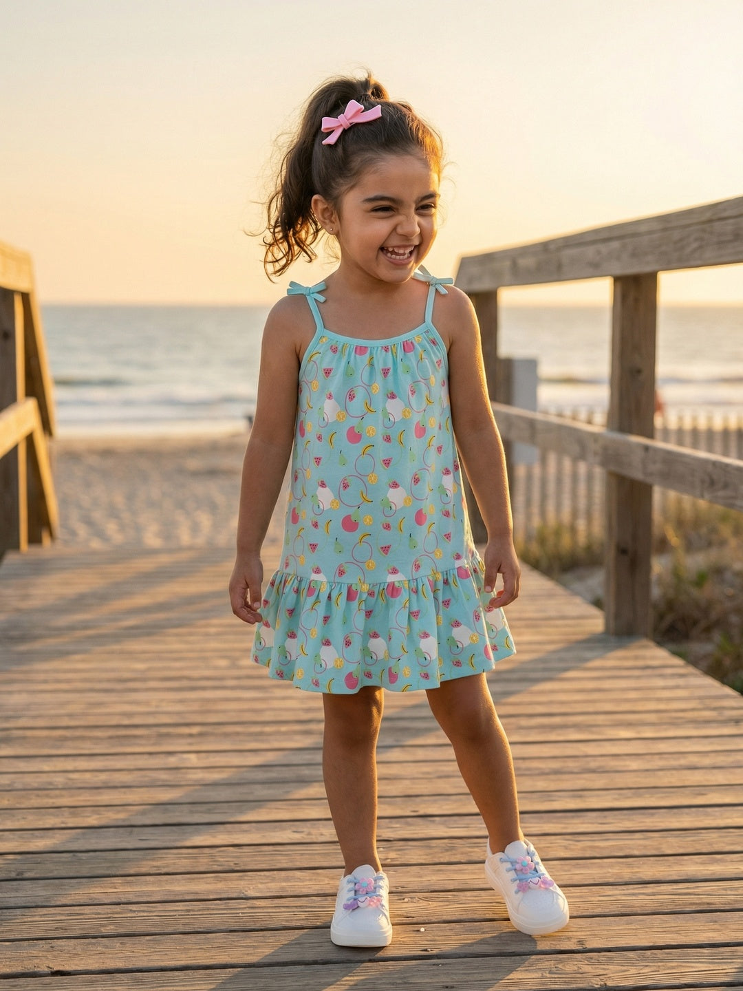 Nautinati  Girls Graphic Printed Relaxed Fit Tie-up Style Sleeveless Dress