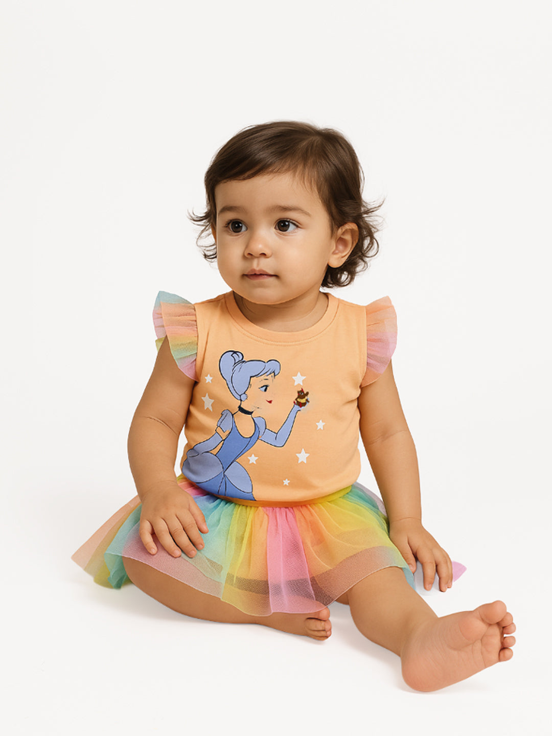 Nautinati Peach Top With Colourful Frilled Skirt For Girls