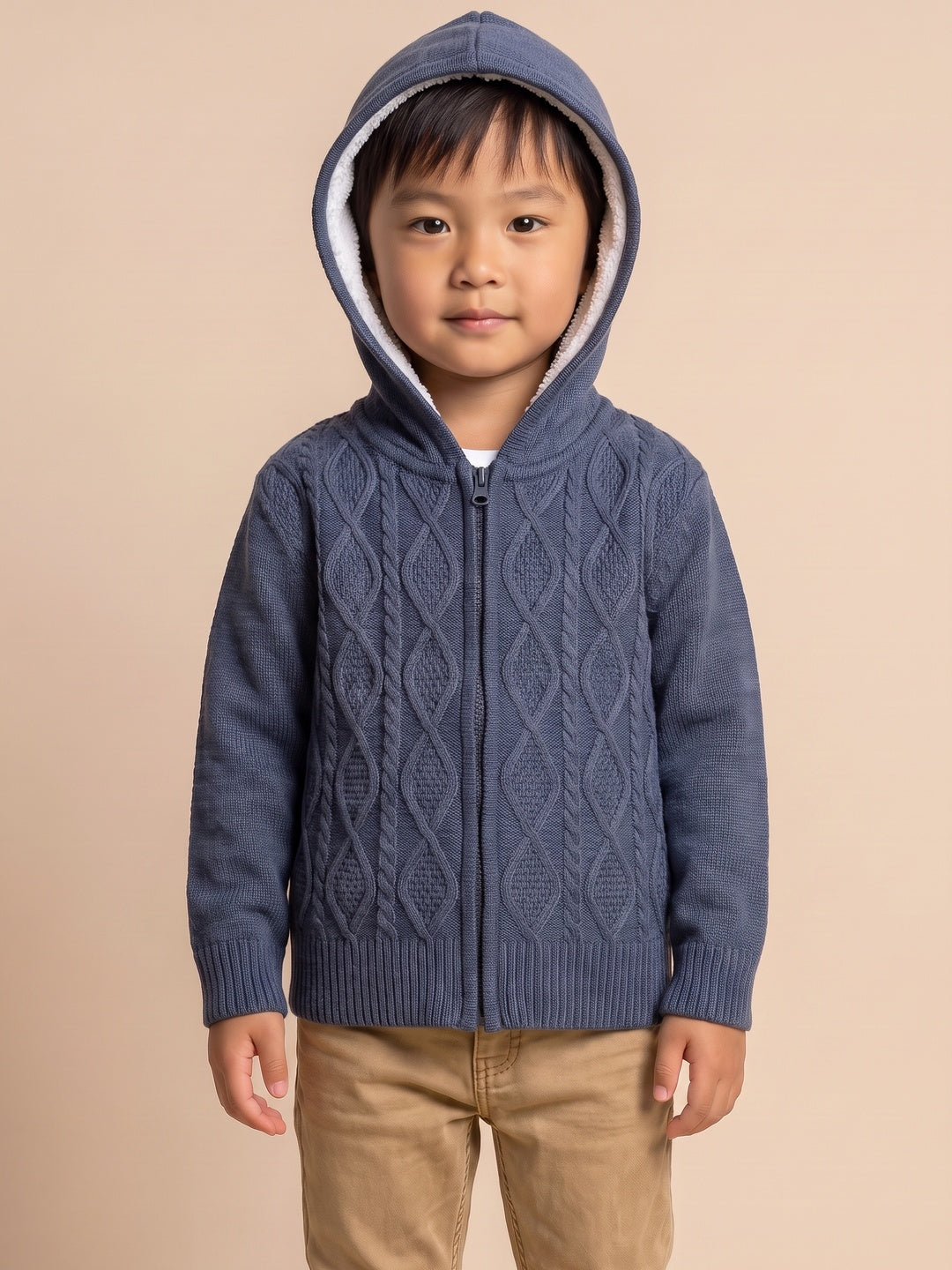 Nautinati Boys Cable Knit Zip-Up Full Sleeve Sweater, Relaxed Fit
