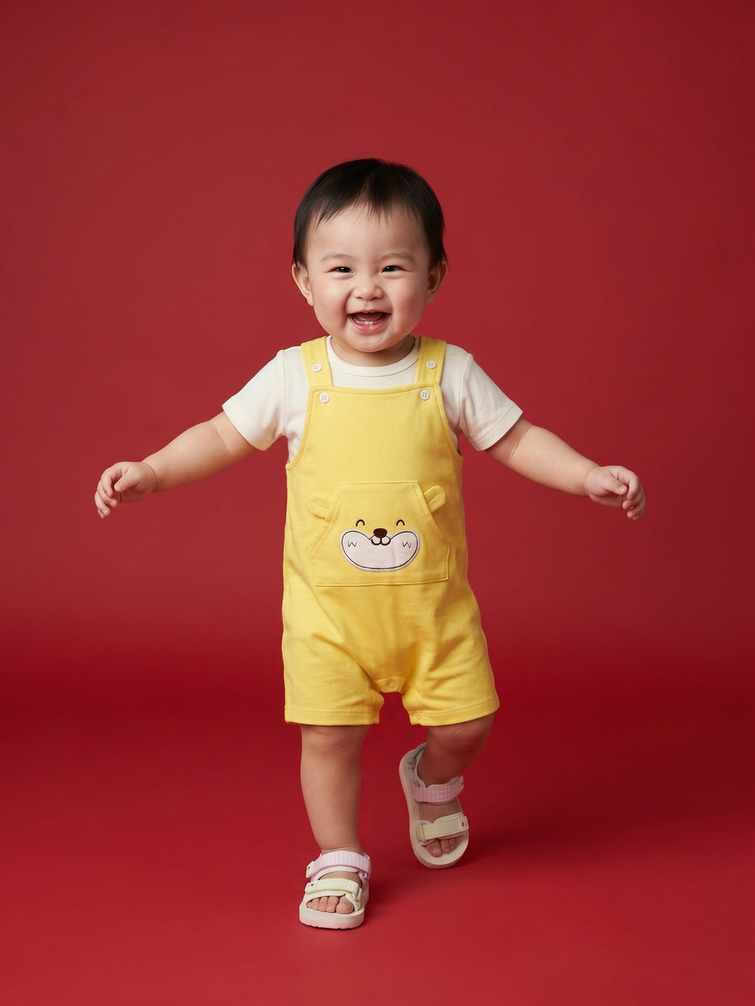 Nautinati Baby Boys Pure Cotton Yellow Bear Applique Half Sleeve Dungaree Set