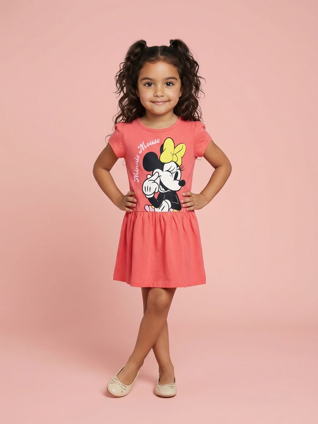 Nautinati Girls' 100% Cotton Disney Minnie Mouse Graphic Print Drop Waist A-line Dress
