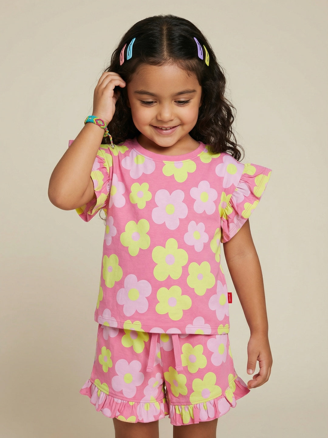 Nautinati Girls Floral All Over Print Regular Fit Cotton T-shirt and Shorts Co-ord Set