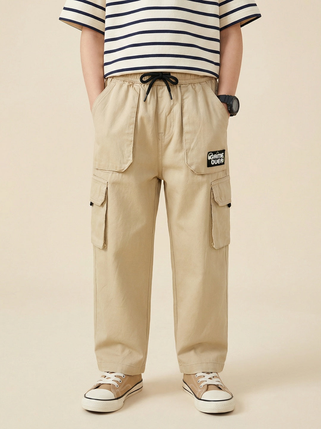 Nautinati Boys 100% Cotton Regular Fit Solid  Woven Cargo Pants with Badge