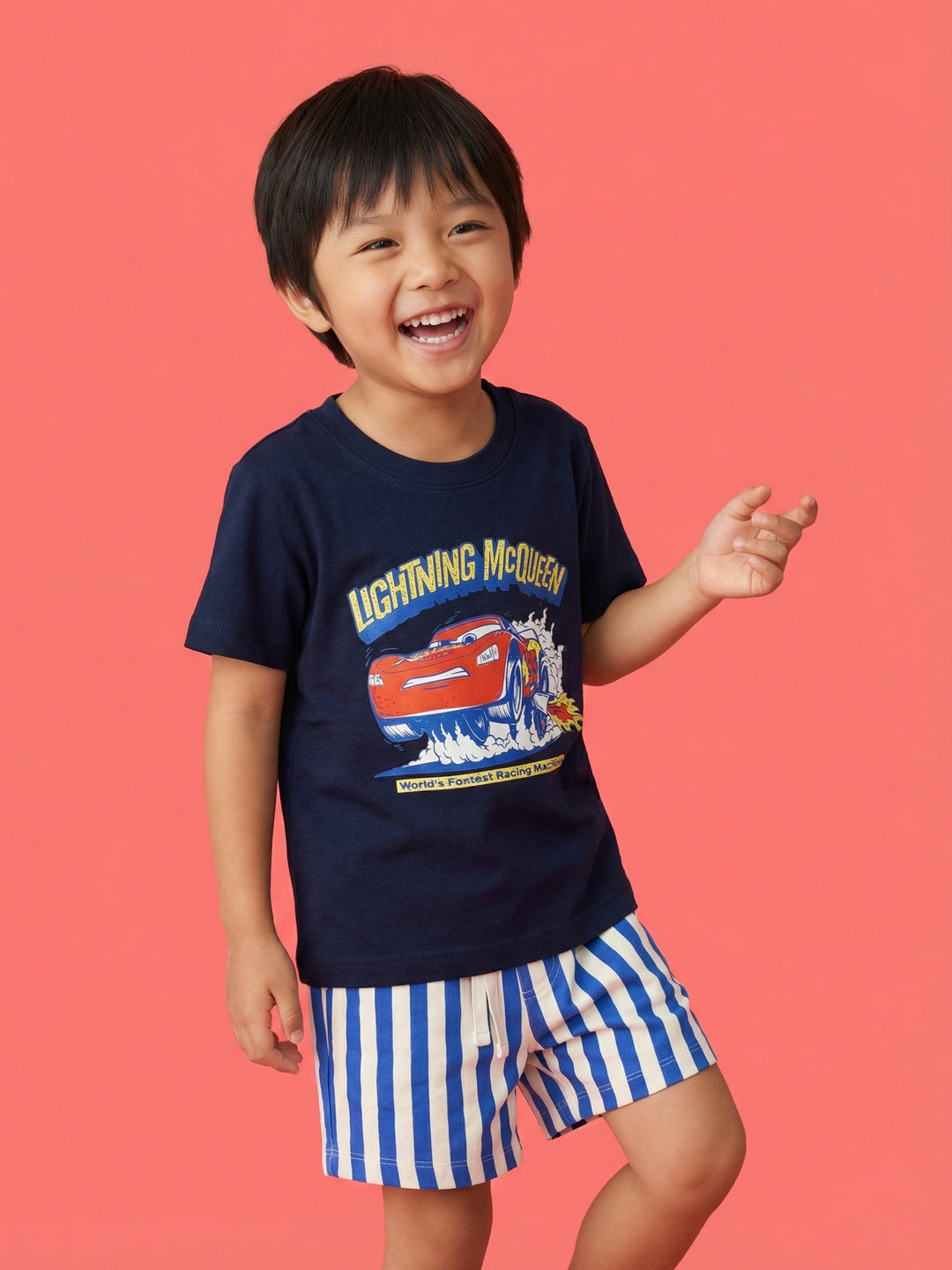 Nautinati Boys Cars Printed Regular Fit Round Neck T-shirt and Shorts Clothing Set