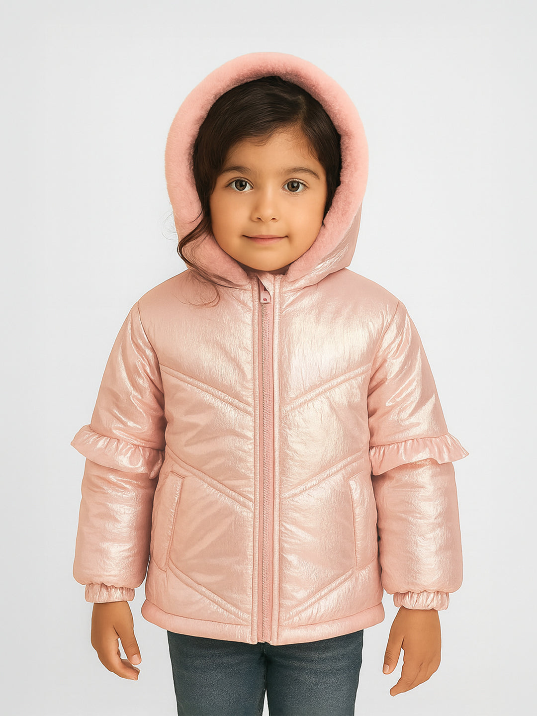 Nautinati Metallic Quilted Holographic Puffer Jacket With Fur Hood for Girls