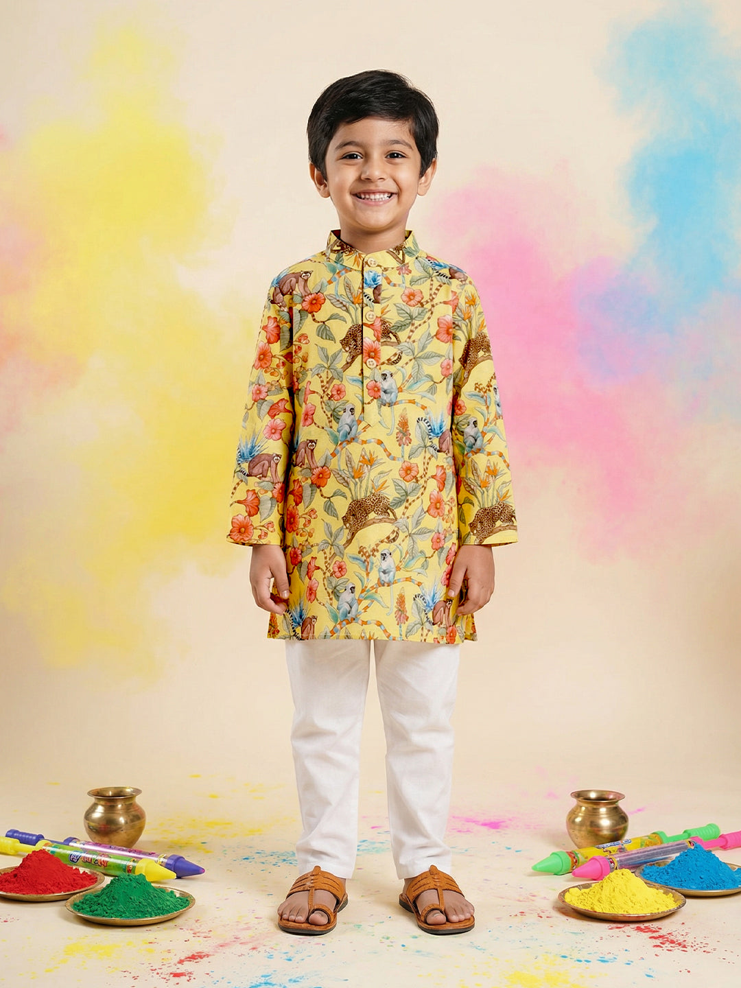 Boys' 100% Cotton Festive Forest-print Resort Style Kurta & Pyjama Set
