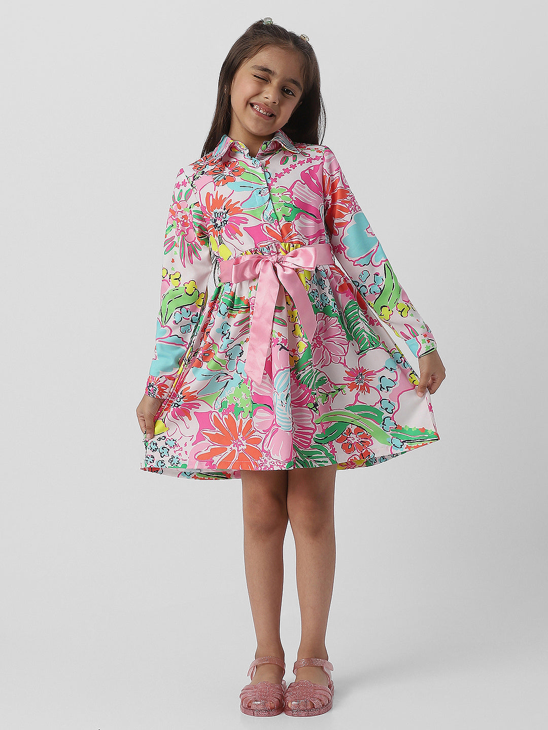 Nautinati Girls Shirt Frock With Ribbon at Waist