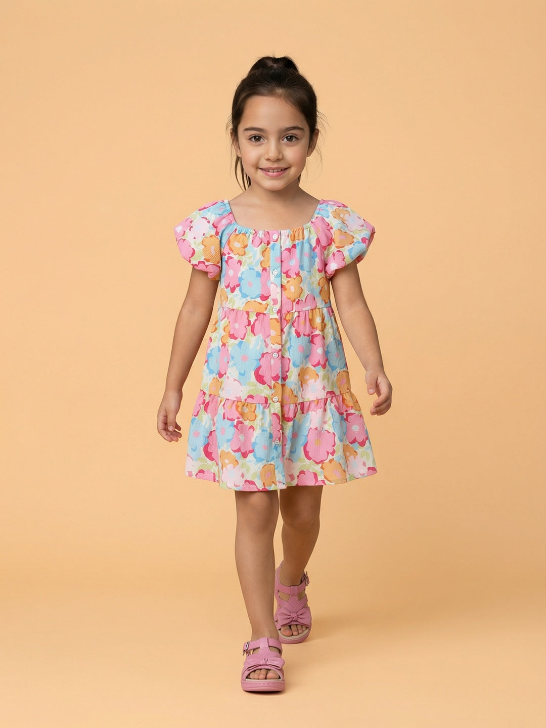 Nautinati Girls' Multicolour Floral Fit & Flare Dress with Puff Sleeves