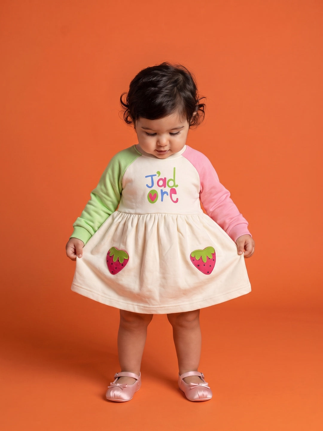 Nautinati Baby Girls Strawberry Sweatshirt Frock with Strawberry Applique Pocket