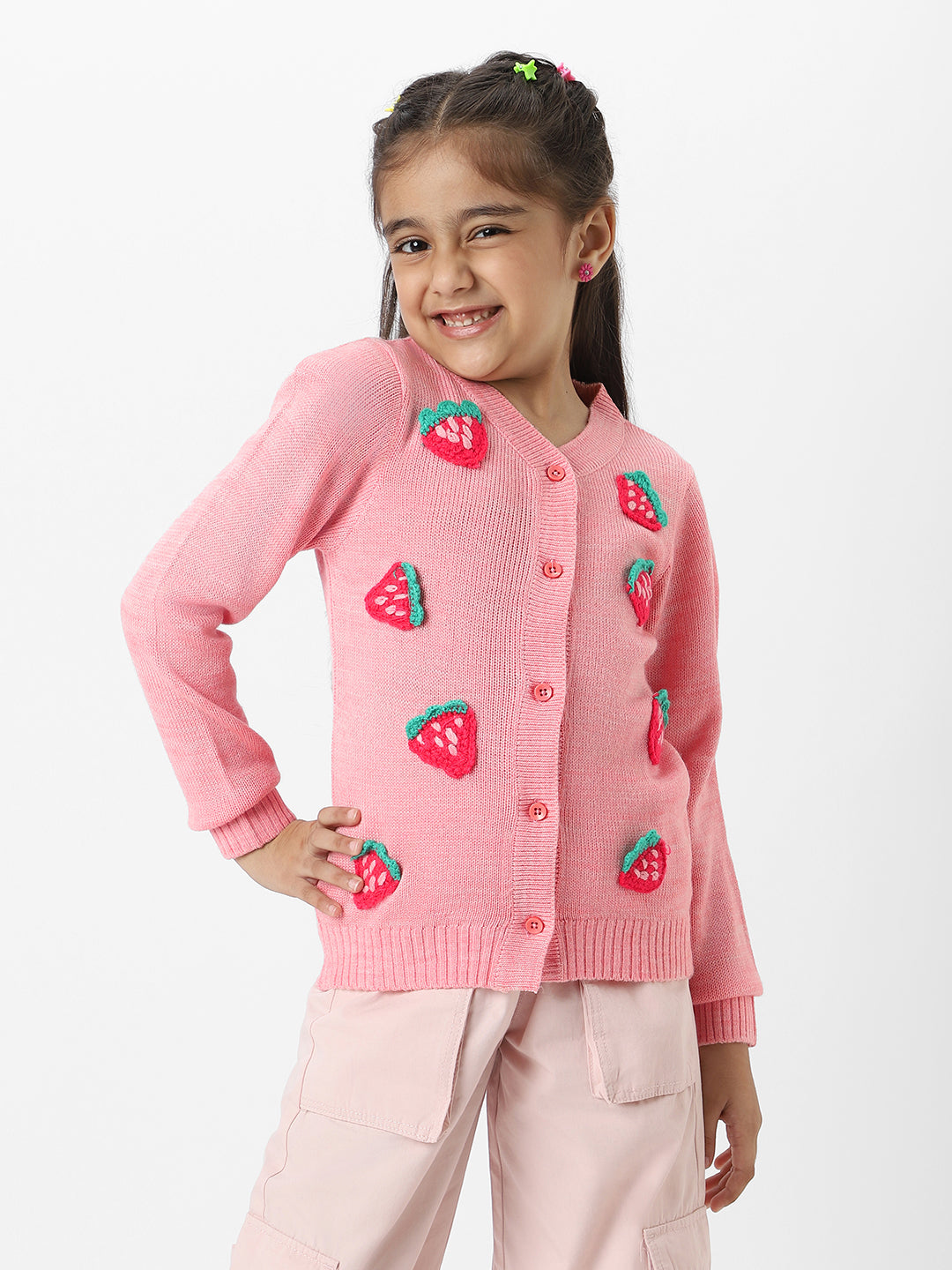 Nautinati Girls Peach Strawberries Embroidered Full Sleeves Acrylic Cardigan Sweater