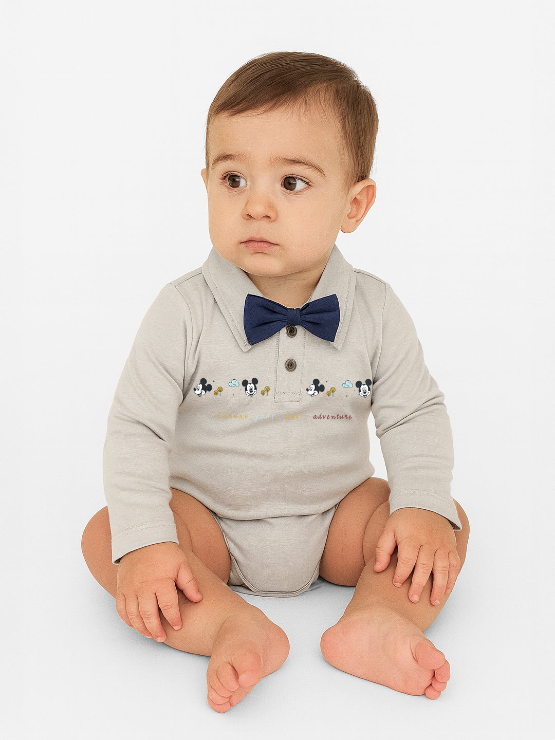Nautinati Grey Mickey Mouse Graphic Bodysuit With A Blue Bow For Infant Boys