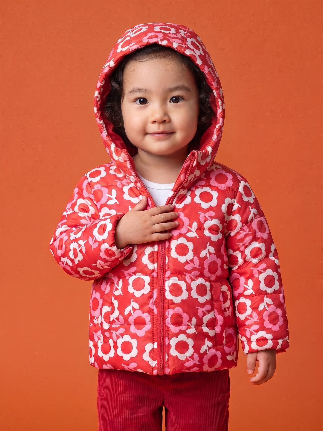 Nautinati Baby Girls Regular Fit Hooded Floral Printed Puffer Jacket with Front Zip
