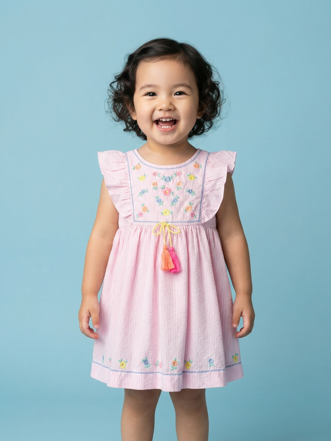 Nautinati Girls' 100% Cotton All-over Striped & Floral Embroidered Ruffled Fit and Flare Dress with Tassels