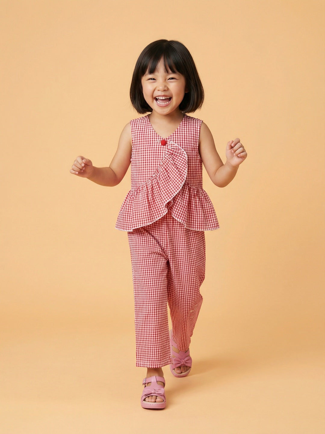 Nautinati Girls' Cotton Chequered Christmas Top and Trousers Co-ord Set