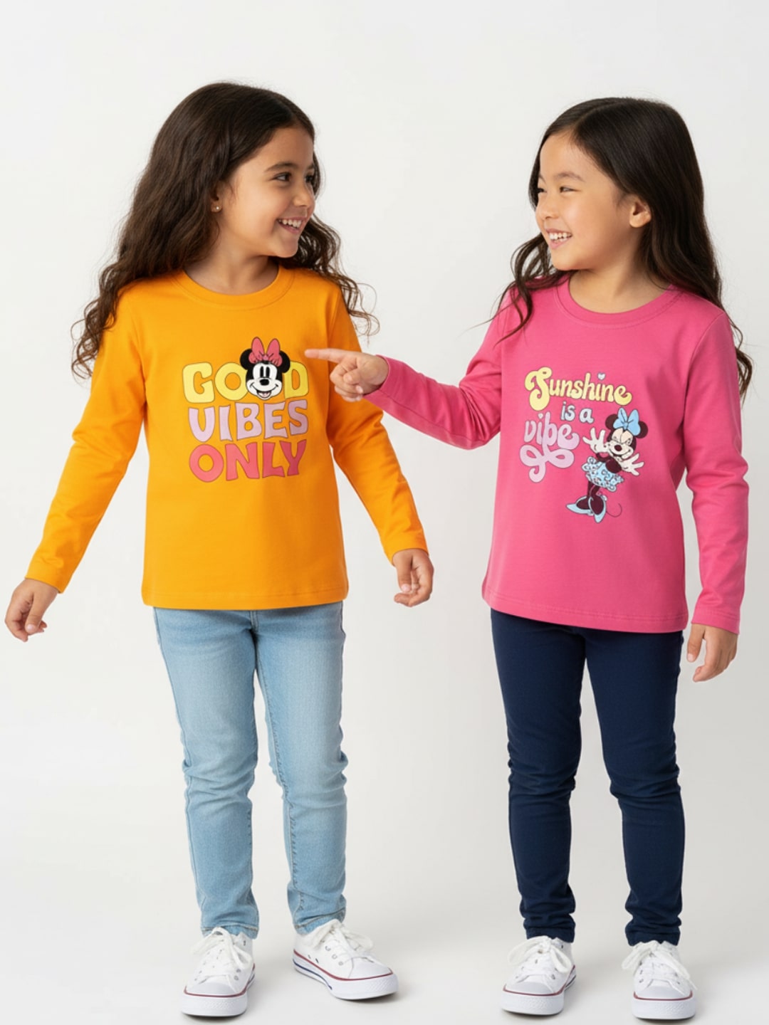 Nautinati Pack of 2 Pink and Orange Minnie Mouse Print T-shirts for Girls