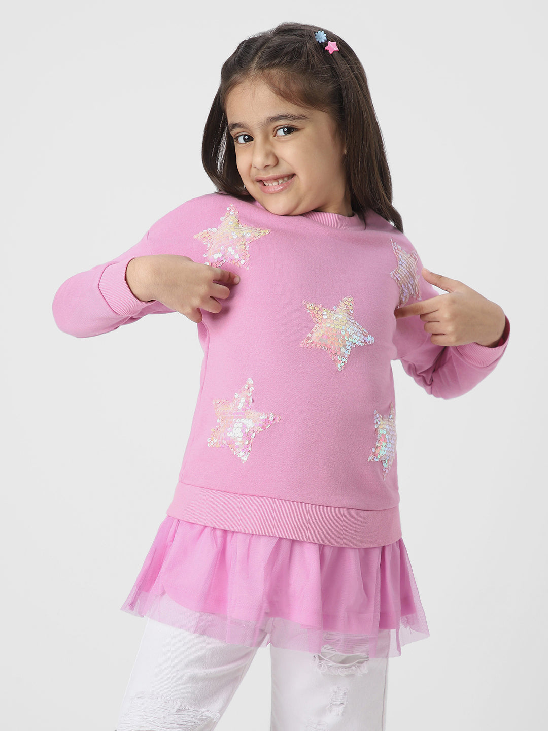 Girls Embellished Round Neck Pullover Sweatshirt With Skirt Detail