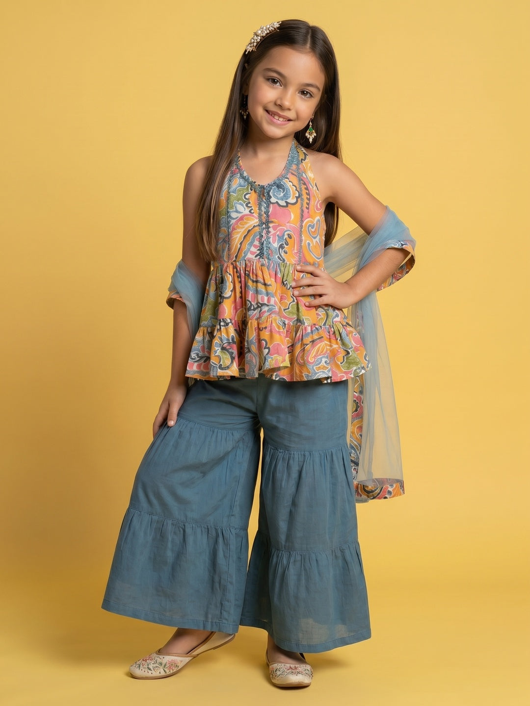 Nautinati Girls' A-line All-over Paisley Print Kurti, Solid Sharara, Net Dupatta Set with Gota Patti Details