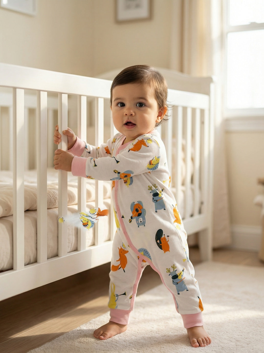 Nautinati Baby Girls' Cotton All-over Animal Printed Sleepsuit with Snap Buttons