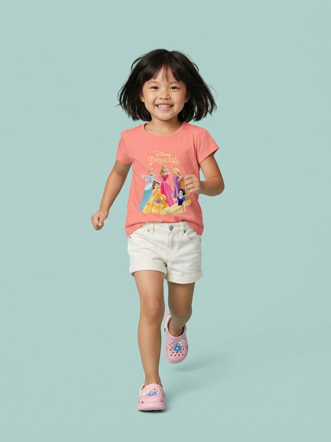 Nautinati Girls' 100% Cotton Crew Neck Disney Princesses Placement Print T-shirt