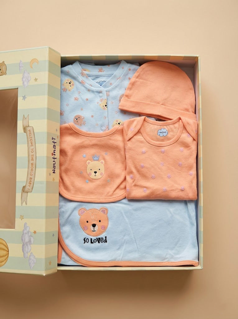 Nautinati Baby Boys 100% Cotton All-over & Placement Teddy Print 5-pieces Gift Set