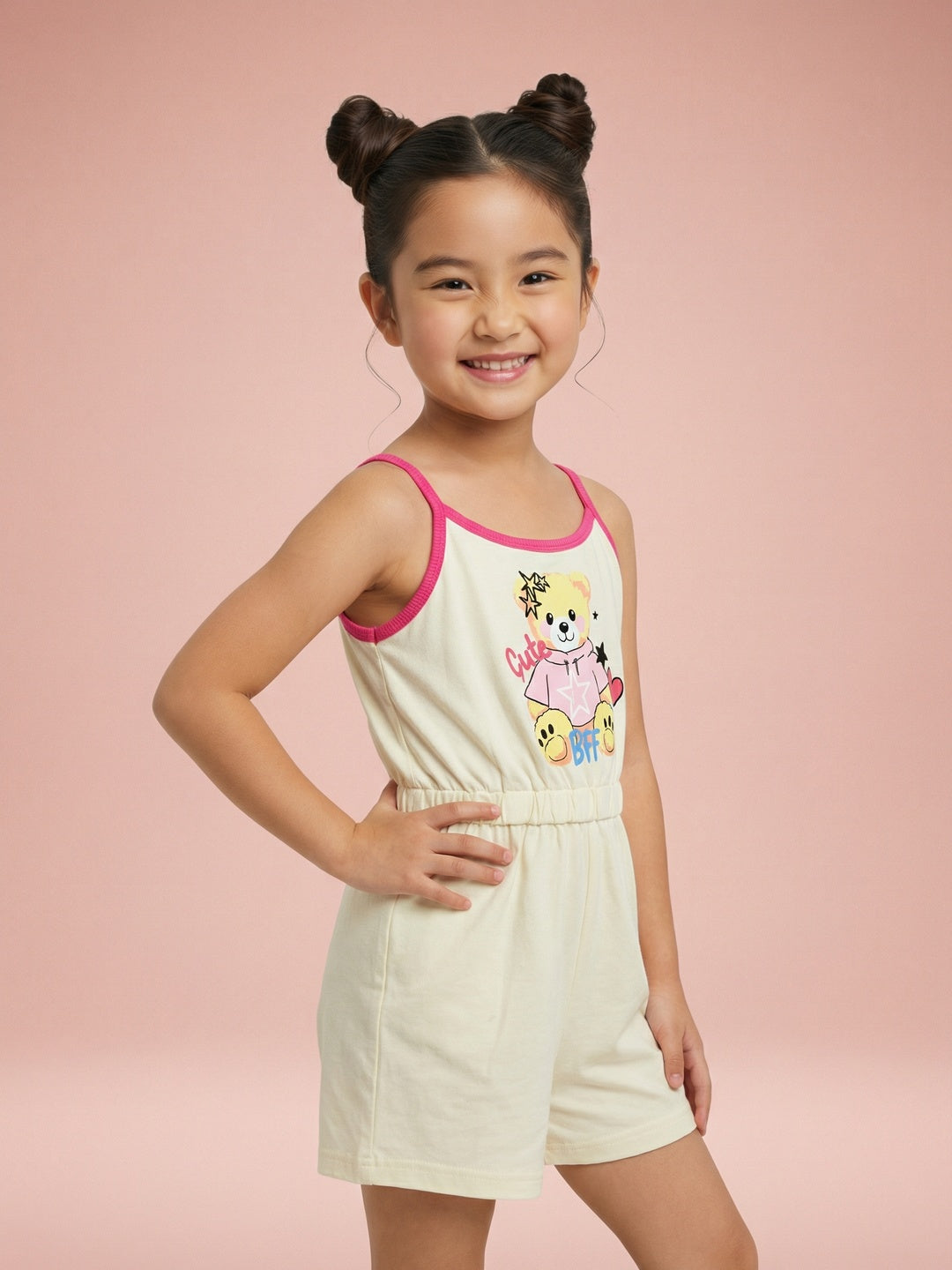 Nautinati Girls' 100% Cotton Teddy Graphic Print Jumpsuit with Elasticated Waist