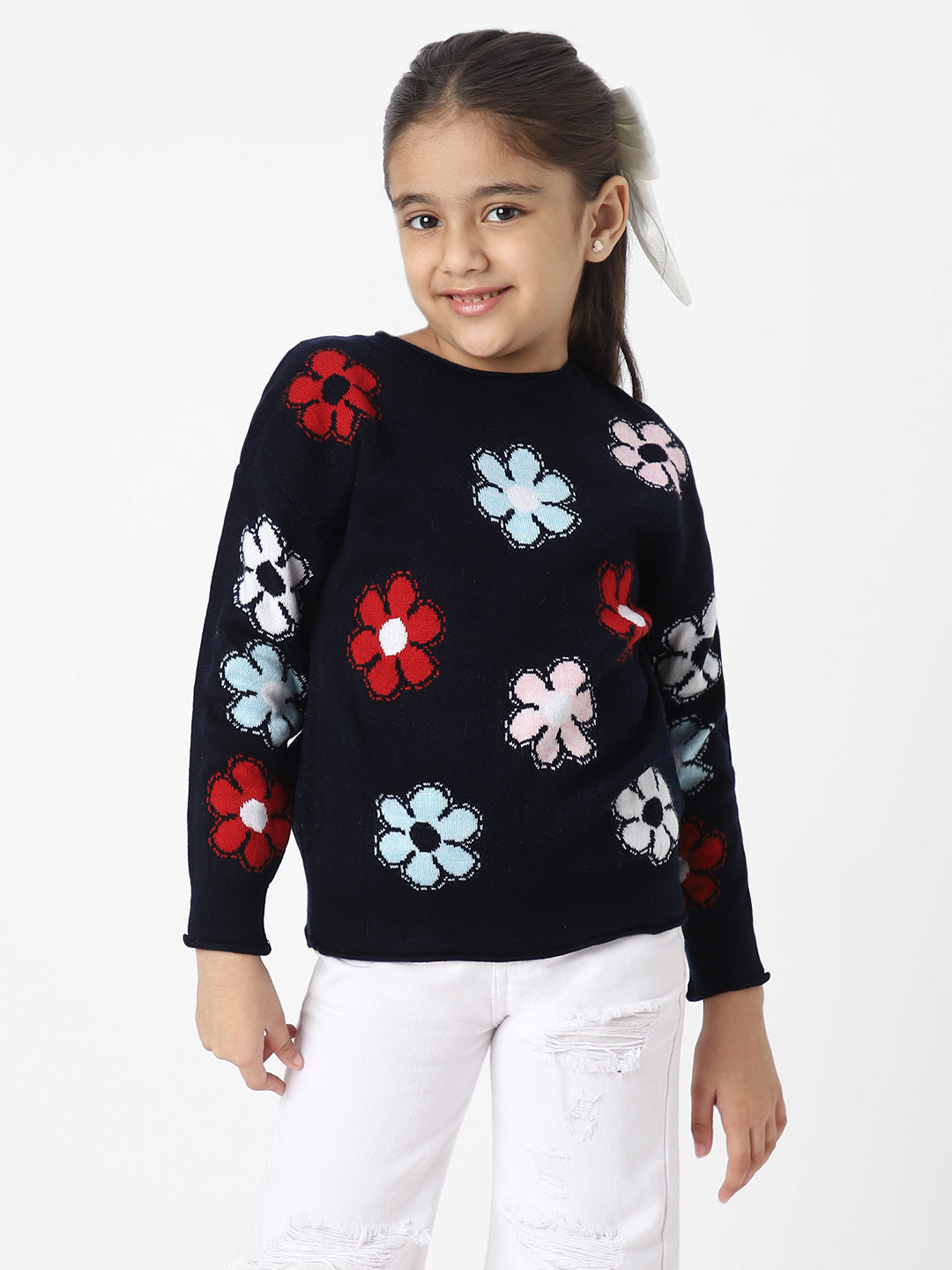 Girls Floral Jacquard Pullover Sweater