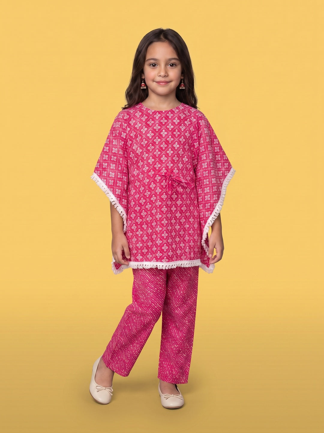 Nautinati Girls Pink Block Print Kaftan and Palazzo Set, 2-10Y