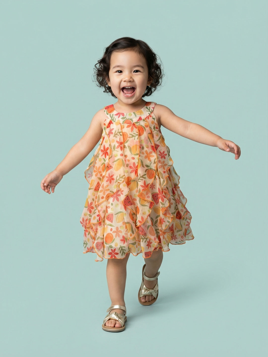 Nautinati Baby Girls' A-line Strappy Ruffle Dress with Multicolour All-over Tropical Fruits like Watermelon, Orange, Lemon Print & 3D Embelishments