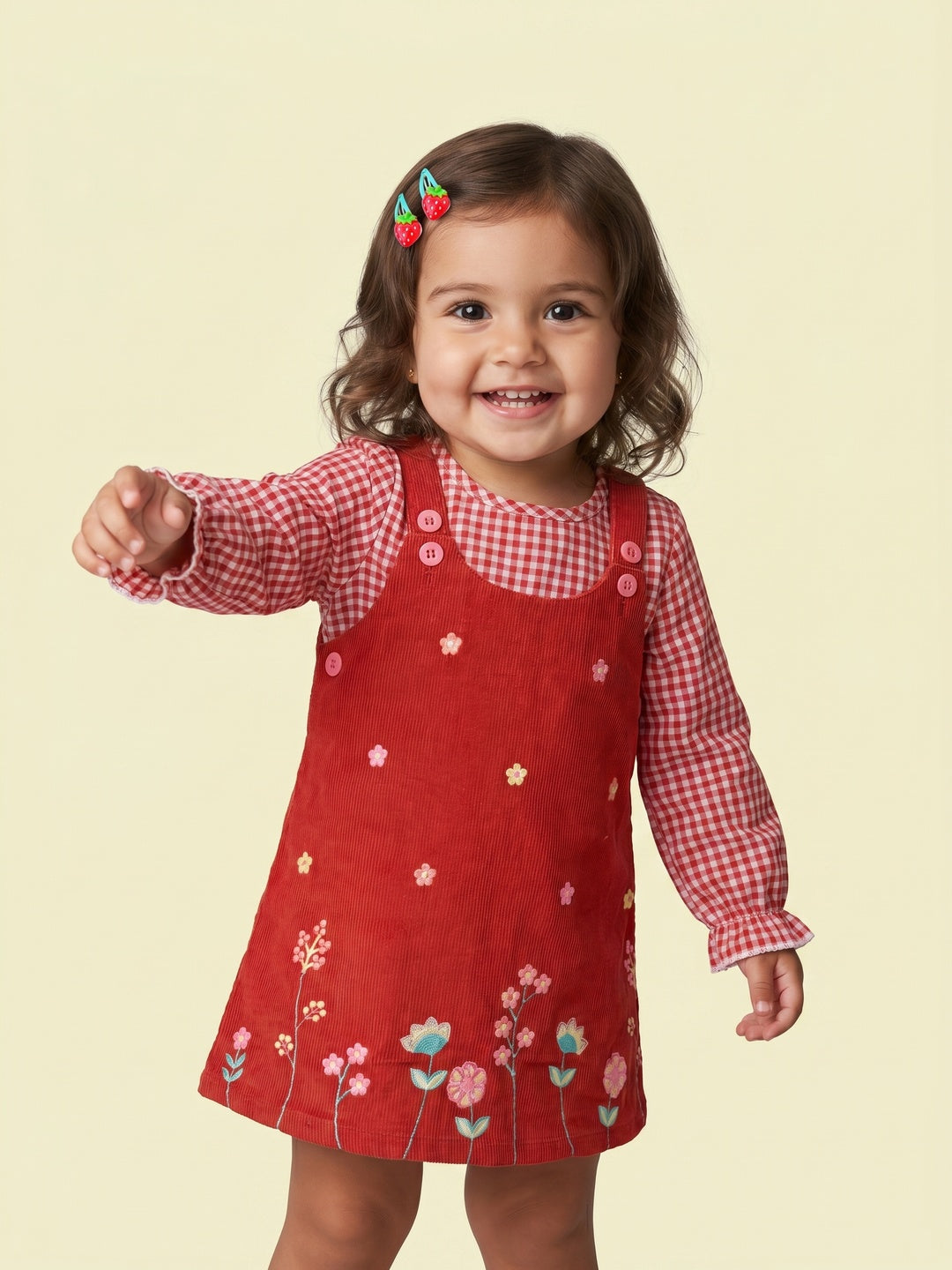 Nautinati Girls' Corduroy Floral & Stars Embroidery Dungaree with Cotton Chequered T-shirt