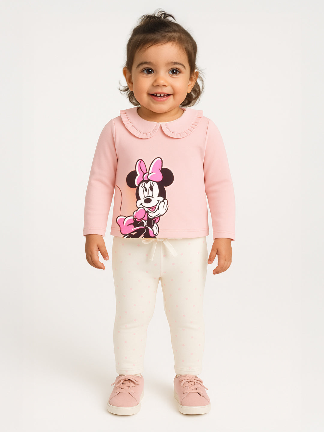 Nautinati Baby Pink Minnie Mouse Printed Top And White Polka Dot Leggings For Girls