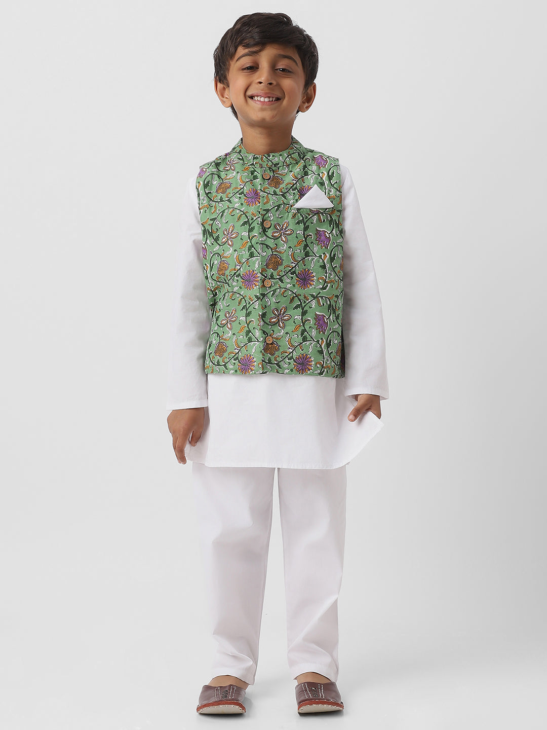 Nautinati Boysâ€™ White Cotton Full Sleeve Kurta-Pyjama with Floral Jaipur Print Nehru Jacket