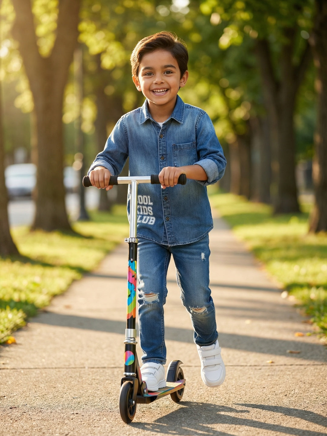 Nautinati Boys' 100% Cotton Dark Wash Varsity Placement Print Denim Shirt