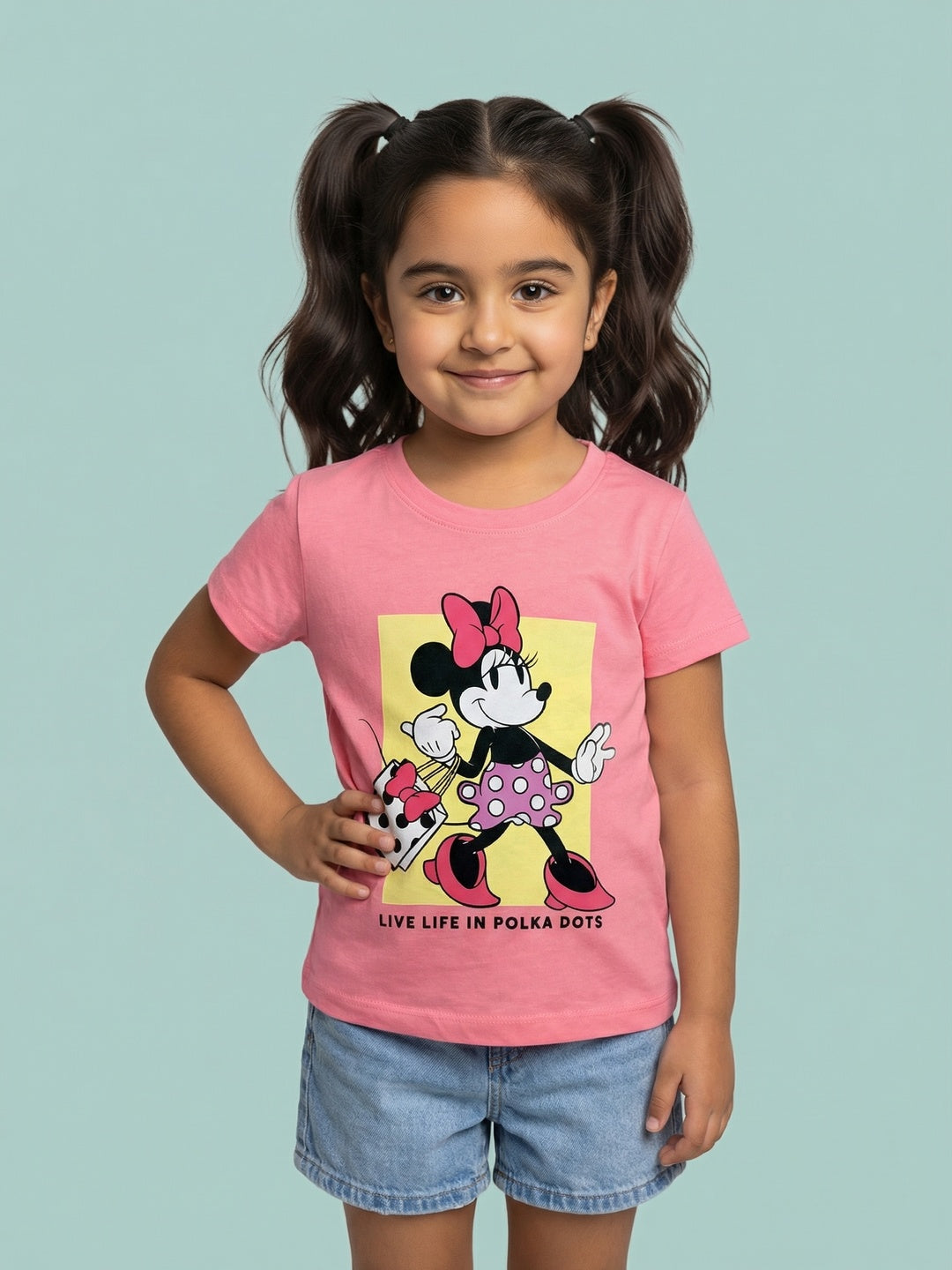 Nautinati Girls' 100% Cotton Crew Neck Disney Minnie Mouse Placement Print T-shirt