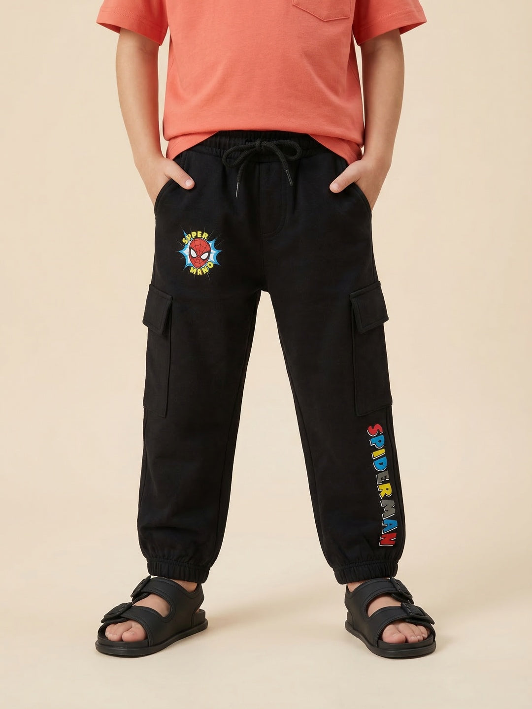 Nautinati Boys' 100% Cotton Marvel Spiderman Placement Print cargo Joggers