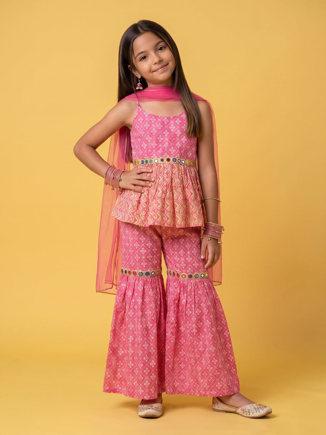 Nautinati Girls Bandhani Printed Mirror Work Pure Cotton Kurti With Sharara Dupatta