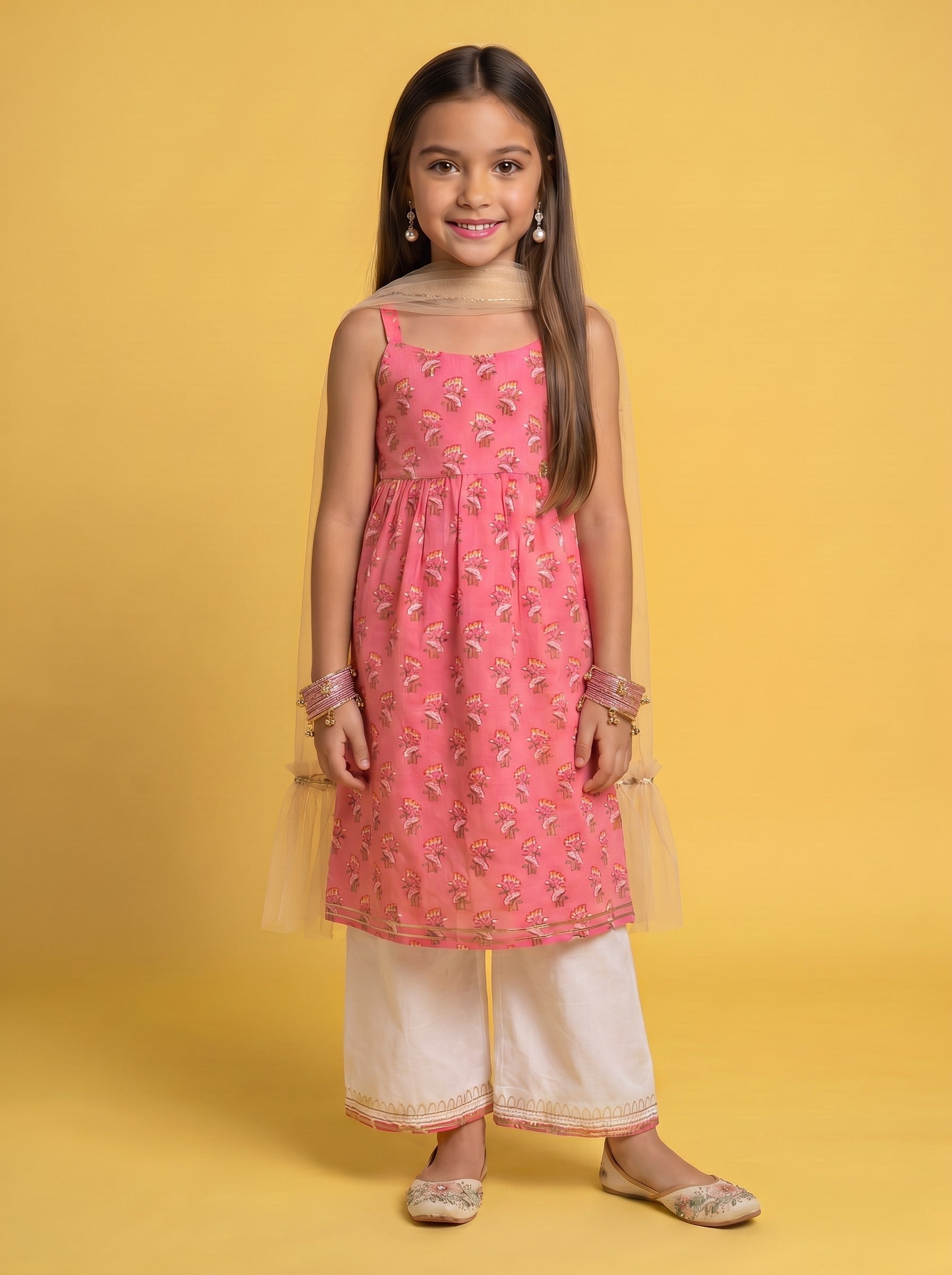 Girls Pink-White Floral Printed Cotton A-Line Kurta With Gathered Waist And Palazzo With Dupatta
