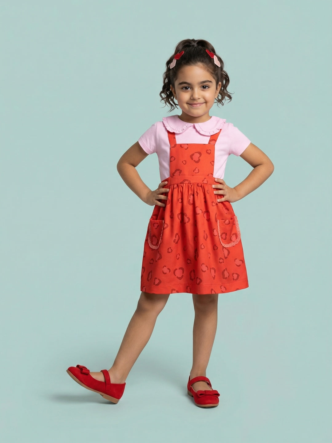 Nautinati Girls Printed Fit and Flare Pinafore Frock with Peter Pan Collar Top Co-ord Set