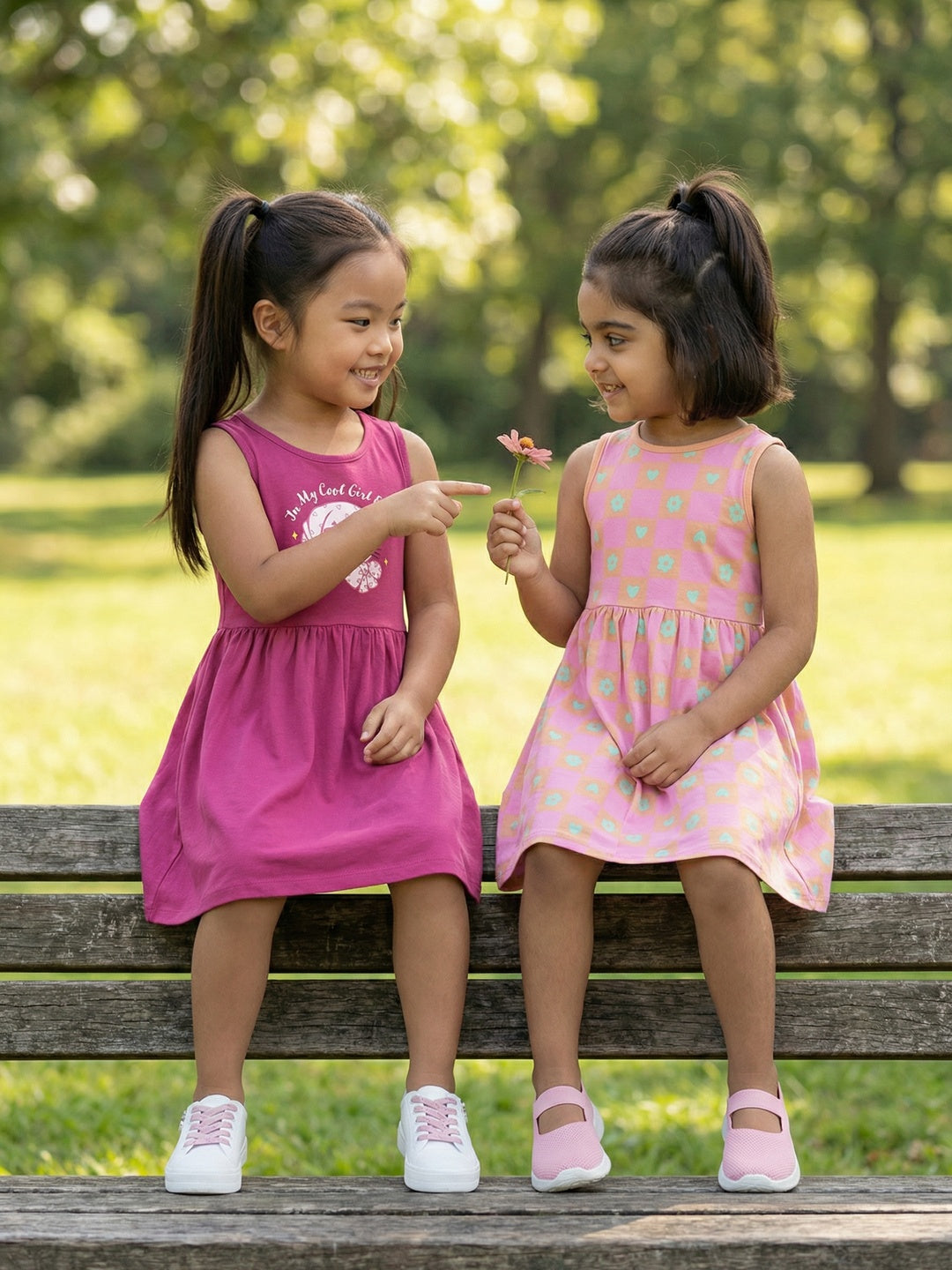 Nautinati Girls' 100% Cotton Pack of 2 Fit & Flare Dresses with Cat Graphic & Floral, Heart All-over Print