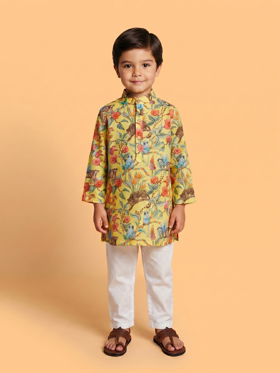 Boys' 100% Cotton Festive Forest-print Resort Style Kurta & Pyjama Set